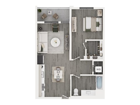 Floor plan for 1 bed, 1 bath, 653 sqft
